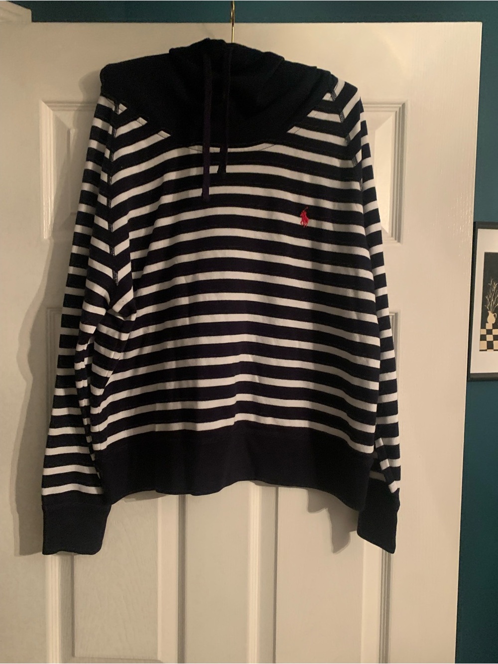 Ralph Lauren Navy and White Striped Hooded Sweatshirt with pink Polo Logo